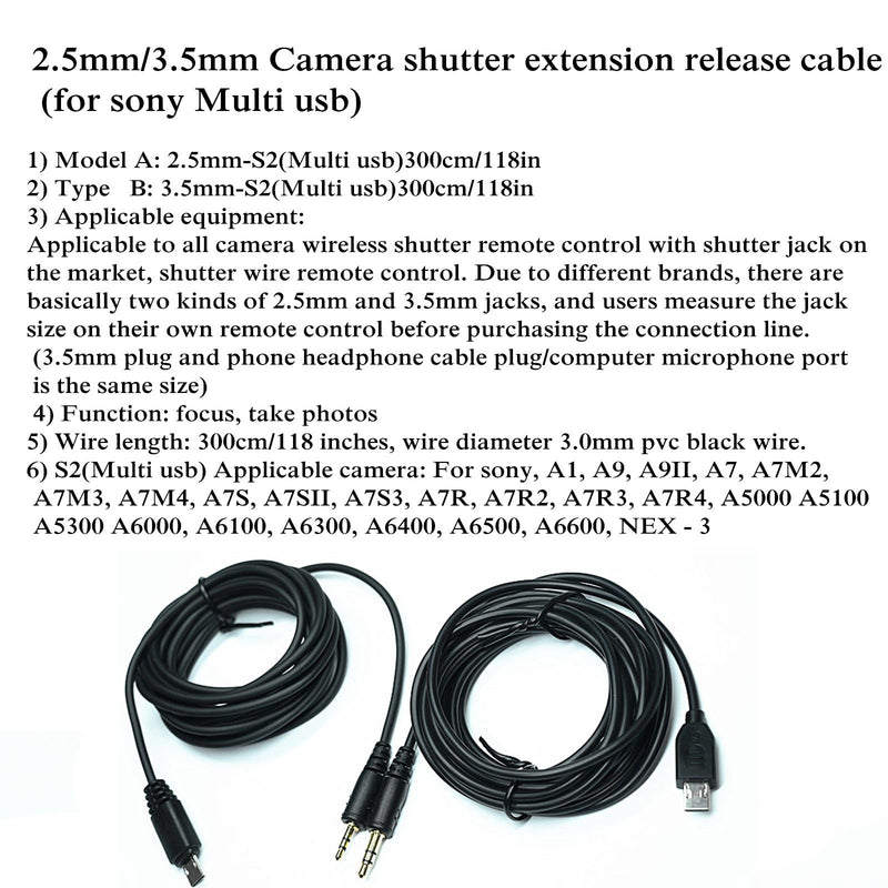 2.5mm-S2 300cm/ 118-inch Extension Cable Shutter Release Connection Cable (Multi USB) for Sony Cameras to Connect The Shutter Remote Control Wireless Timer (2.5mm-S2 118in/3m) 2.5mm-S2 118in/3m