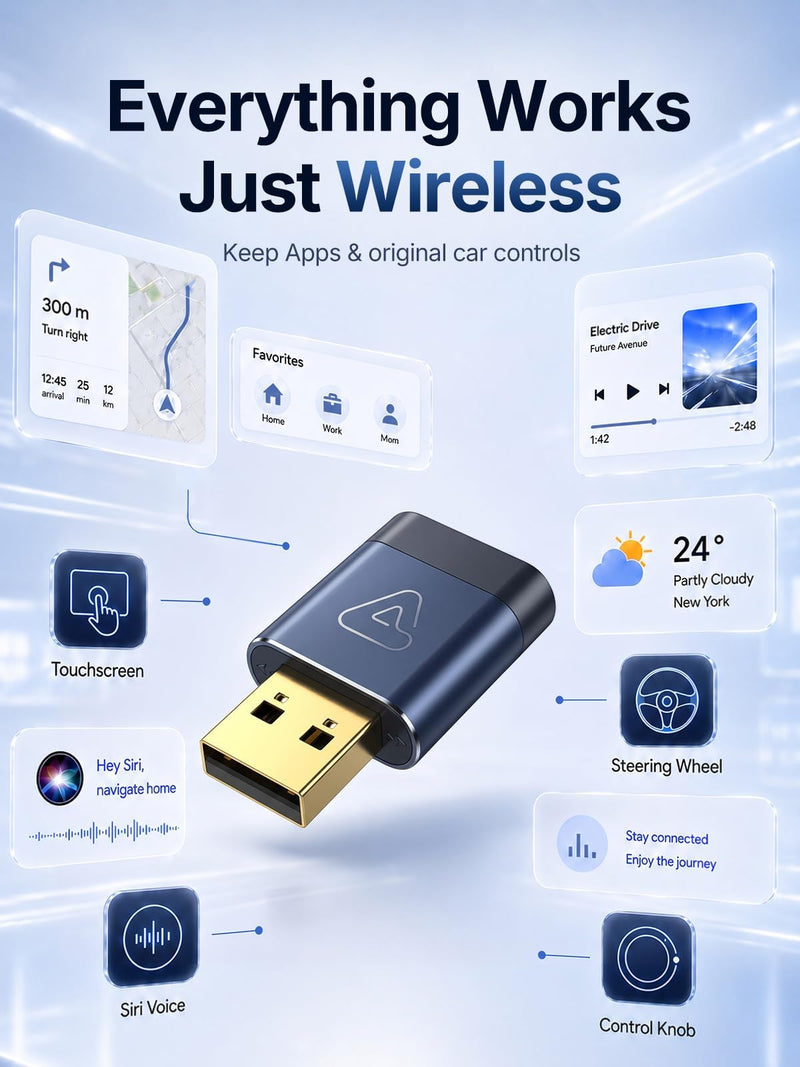 Wireless CarPlay & Android Auto Dongle for Digital Media Receivers Blue | Ultra Mini, Fast Stable Connection, No Overheating, Plug & Play, Auto Reconnect, Bluetooth Wi-Fi, USB-A USB-C, Voice Control