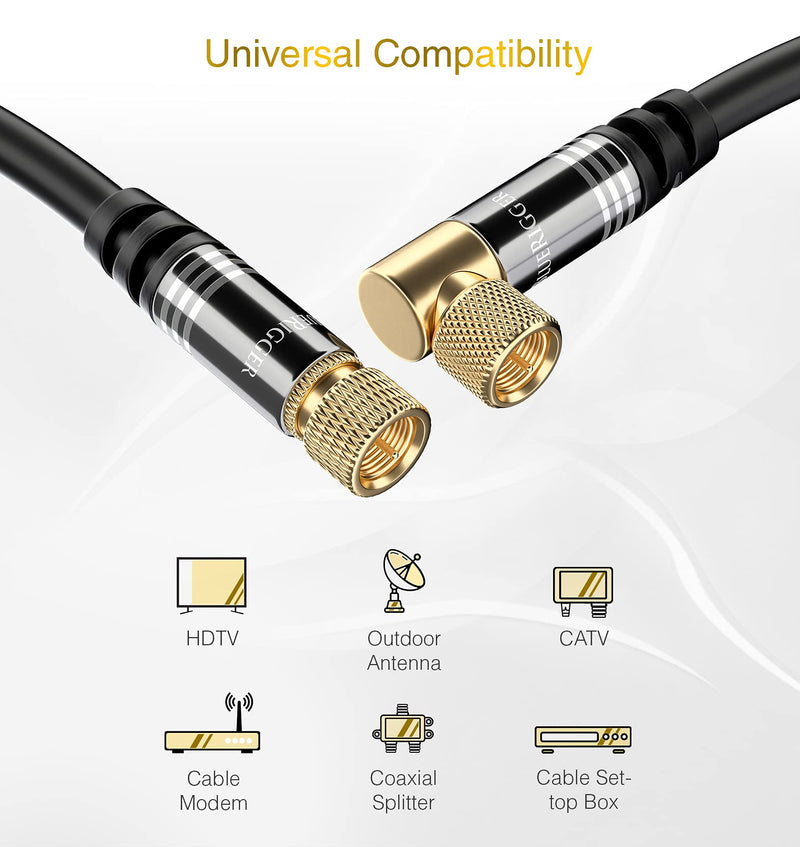 BlueRigger RG6 Digital Coaxial Audio Video Cable (6FT, 90° Angled to Straight Male F Type Connector, Triple Shielded) – Coax Cable for HDTV, CATV, DVB-T2/C/S, Cable Modem, Radio, Satellite Receivers 6FT Coaxial Cable