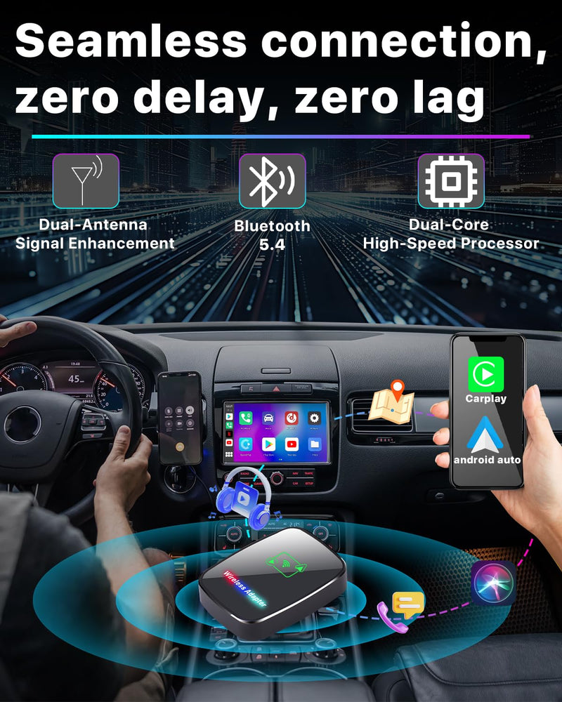 Omeyo Wireless CarPlay Adapter for CarPlay & Android Auto | Plug & Play 5.8GHz WiFi in 10s, Stable No Lag for Factory Wired Cars, Compatible with iPhone & Android Black
