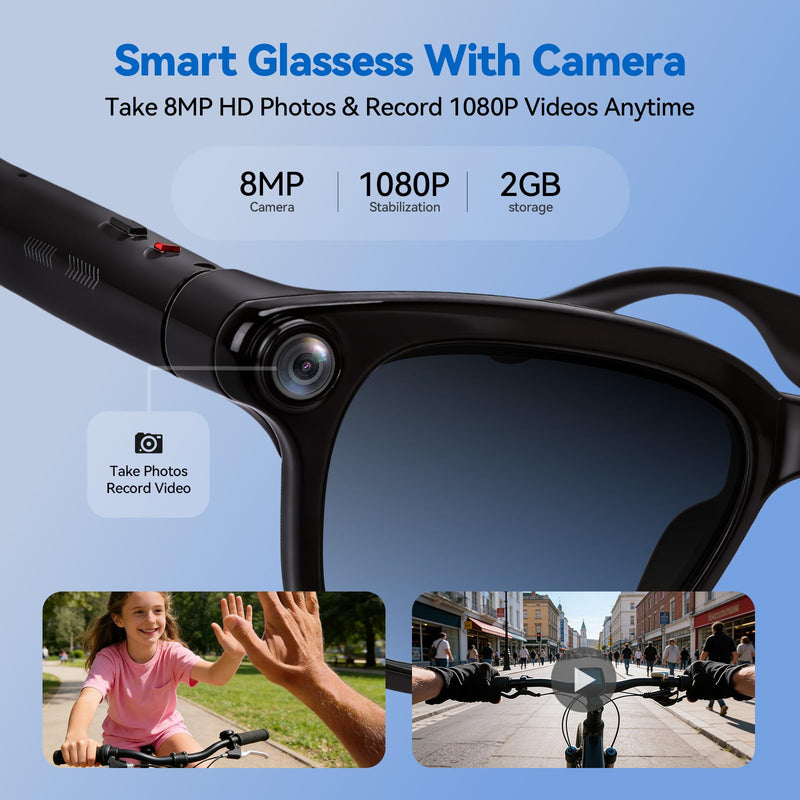 AI Smart Glasses with 8MP Camera, 4K Video Recording and Photo, Bluetooth 5.4 Audio Calls & Music, AI Voice Assistan, AI Recording, Real Time Translation - for Life, Work and Vlog Black Standard