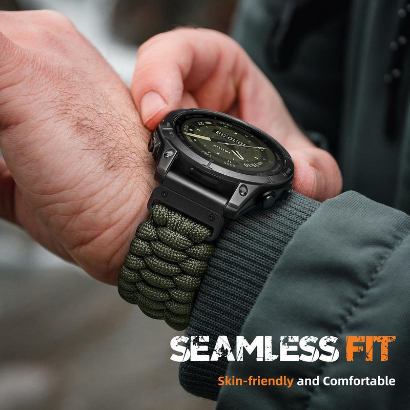 Bandletic Paracord Band Compatible with Garmin Watch Quick Fit 26mm | Hand-Woven 550 Paracord Build Softens with Wear, For Fenix 8 51mm/7X Pro/6X Pro/5X Plus/3 HR/Instinct 3 50mm/Tactix/Enduro Army Green Medium(6.3"-6.9")