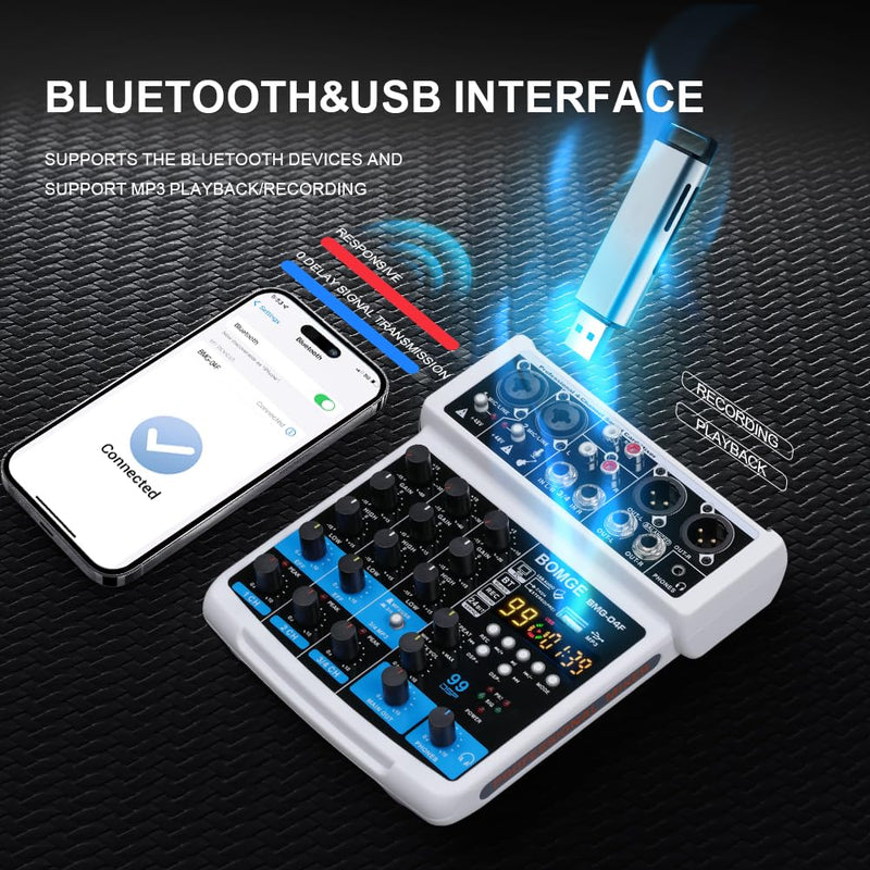 BOMGE 4 Channel mini DJ Audio Sound Mixer Interface with MP3、 USB, Bluetooth, Stereo Recording, 48V Phantom Power, 99 DSP for karaoke, performance, church singing 、 podcas streaming- white WHITE-04F