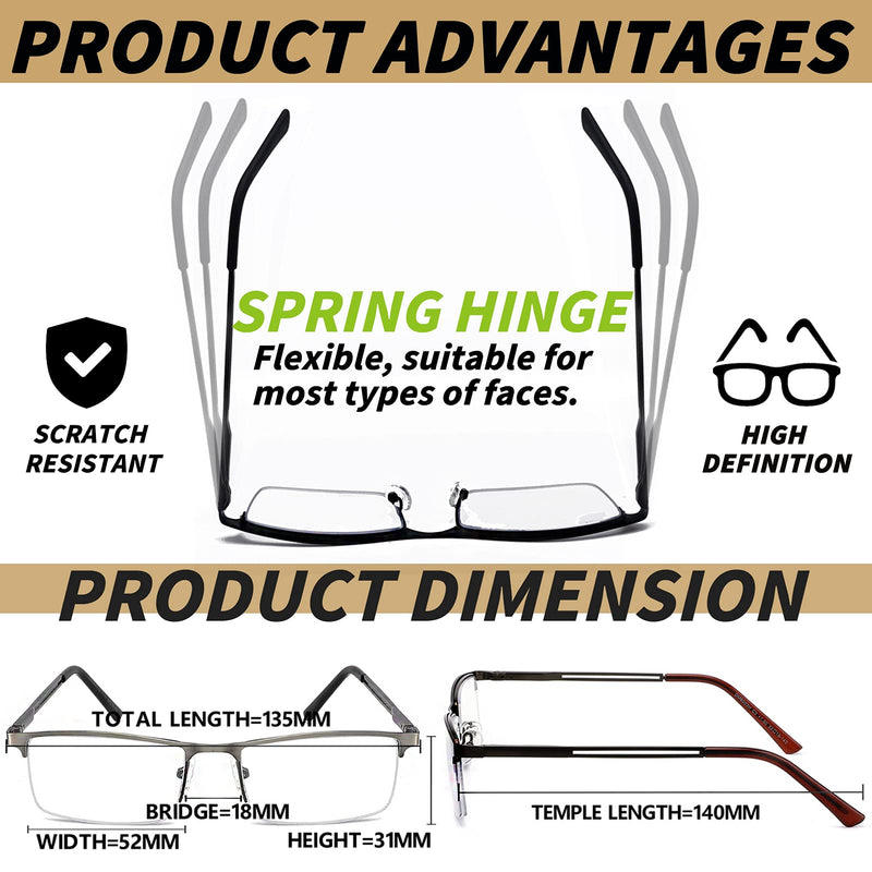 JJWELL 3 Pack Blue Light Blocking Reading Glasses for Men Anti Computer Glare Eyestrain Spring Hinge Readers with Pouches Black Gunmetal Brown 1.5 x