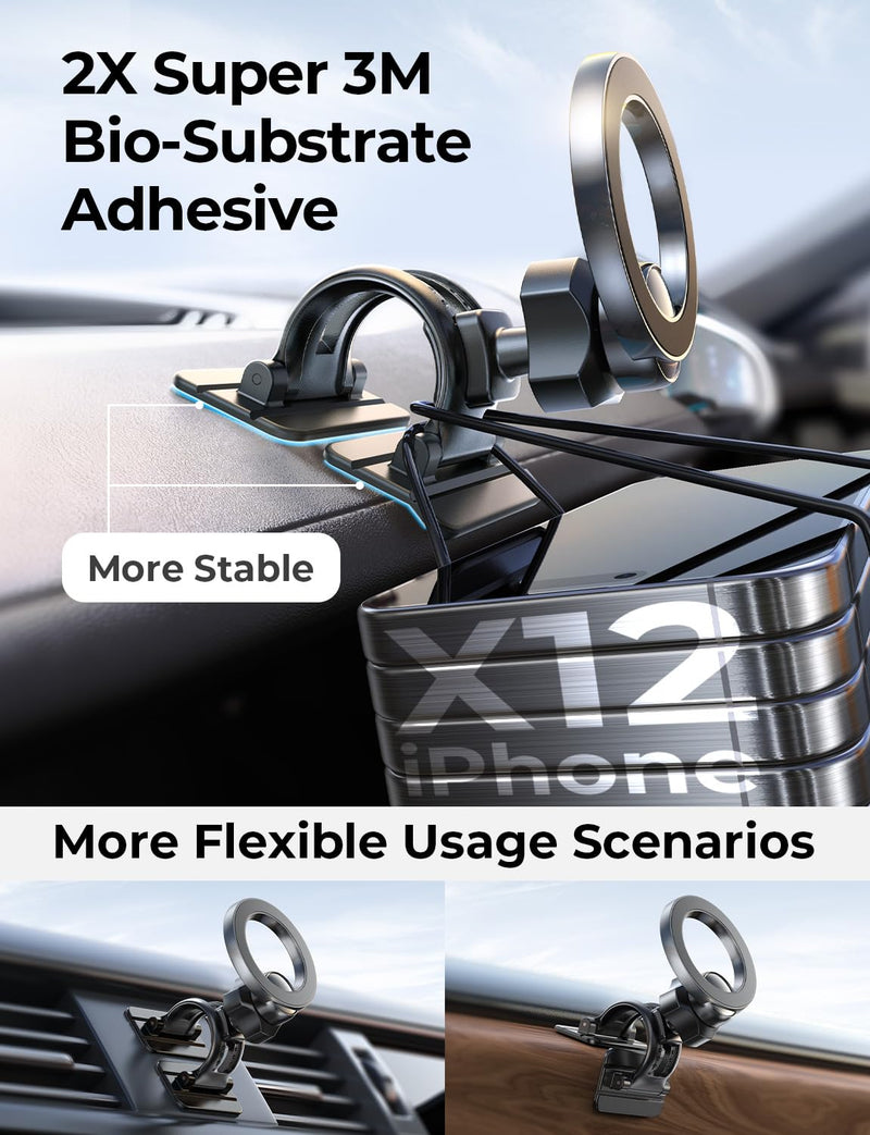 LISEN Flexibly Install for MagSafe Car Mount, 360° Rotation Magnetic Phone Holder for Car, Hands Free iPhone Car Holder Mount Dash Vent Phone Mount for Car for iPhone 15 14 13 12 Pro Max Plus Mini Dashboard & Vent