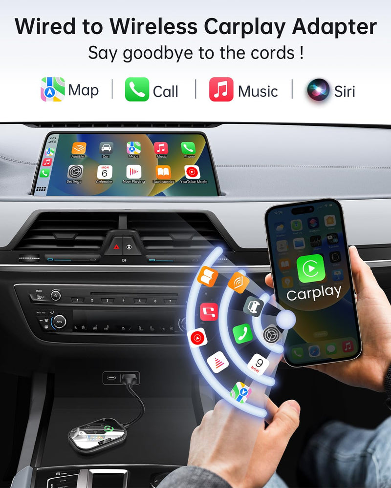 Wireless CarPlay Adapter for Apple iPhone, Converts Factory Wired CarPlay to Wireless CarPlay 2024 Upgrade Plug & Play Auto Connect Fast Easy Use for Cars from 2017 & iPhone iOS Black Dark Black
