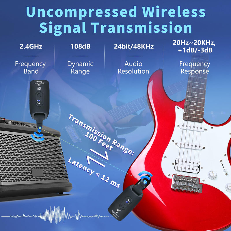 [AUSTRALIA] - 2.4GHz Wireless Guitar System Rechargeable Audio Wireless Transmitter Receiver for Guitar Bass Electric Instruments,Over 30m/100 Feet Transmission,270°Rotatable,4hours Woring Time（A9 Black） 