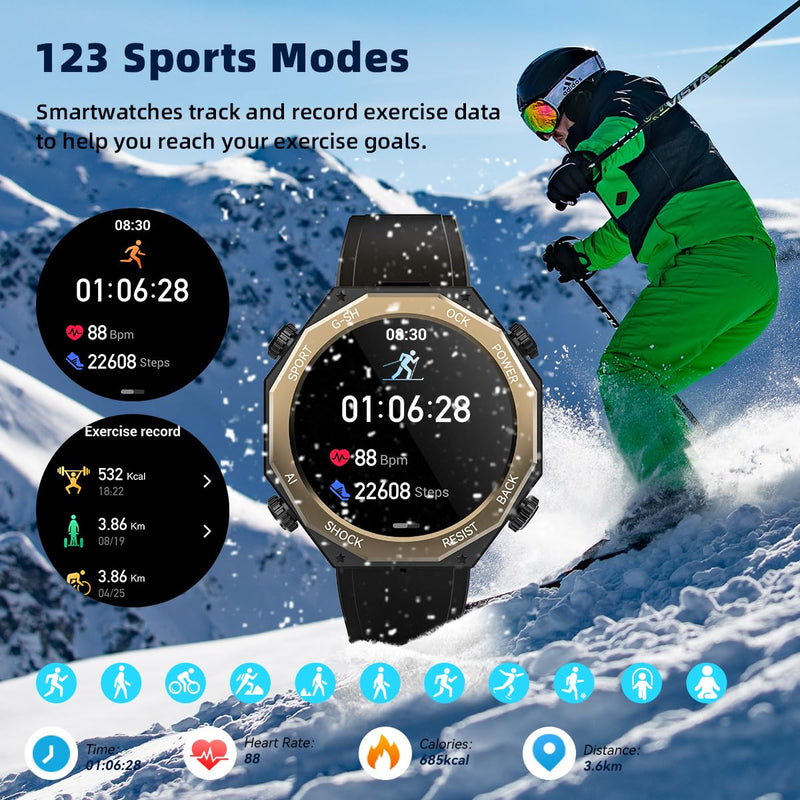 Rogbid Smart Watch for Men 680mAh 1.45" AMOLED 5ATM Waterproof Fitness Tracker Watch Heart Rate Blood Pressure Sleep Monitor Bluetooth Calls Military Sport Smartwatch for iOS Android Phones Black