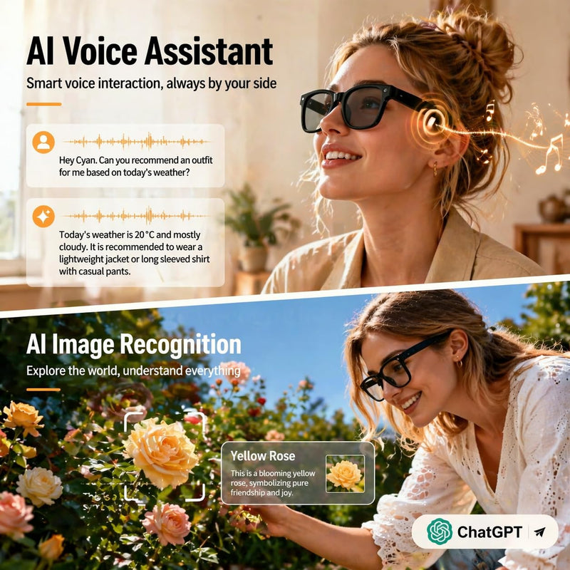 2026 AI Smart Glasses with 8MP 4K Camera, Video Recording Glasses with Photo, Real-Time Translation in 139 Languages, ChatGPT Voice Assistant, Open-Ear Bluetooth Headphones, Travel, Meetings & Vlog