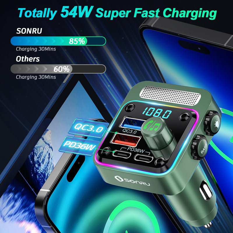 [AUSTRALIA] - Bluetooth 5.3 FM Transmitter Car Adapter - SONRU Car Charger 54W [PD 36W & QC3.0 18W], Wireless FM Radio Transmitter [HiFi Treble & Bass Player], 5 Colors LED Backlit, Hands-Free Calling, U-Disk Green 