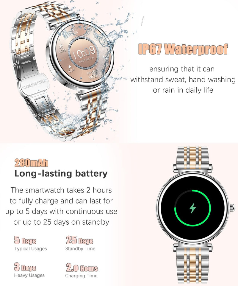 Watch for Women, 1.25" AMOLED HD Screen Women's Smartwatch, Fitness Tracker with Heart Rate/Sleep Monitor, Bluetooth Call, IP67 Waterproof, Compatible with iOS & Android (Two-Tone Silver) Two-Tone Silver