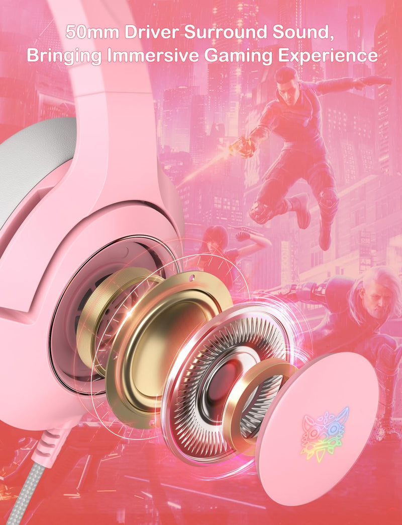 [AUSTRALIA] - PHNIXGAM Cat Ear Gaming Cute Headset, Wired Over-Ear Headphones with Retractable Microphone, Surround Sound, LED Backlight for PS4, PS5, PC, Mobile Phone (Light Pink) A Pink 3.5mm 