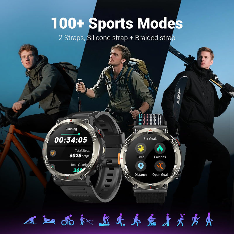 Military Smart Watch for Men(Answer/Make Calls),Outdoor Smartwatch with 100 Days Battery/Flashlight/Compass/Heart Rate/SpO2/Sleep Monitor/2 Straps, Rugged Fitness Watch for iPhone/Android Phones W50Pro-Black