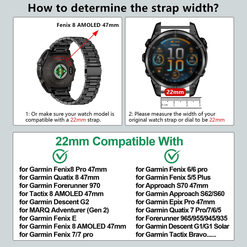 22mm Stainless Steel Metal Band Compatible with Garmin Fenix 8 Pro tactix 8 47mm/E/7/6/pro/5/Plus,Quick-fit Watch Strap for quatix 8 47mm 7/Pro/6/Forerunner 970/965/955/Descent G2 G1 Solar Black Gold