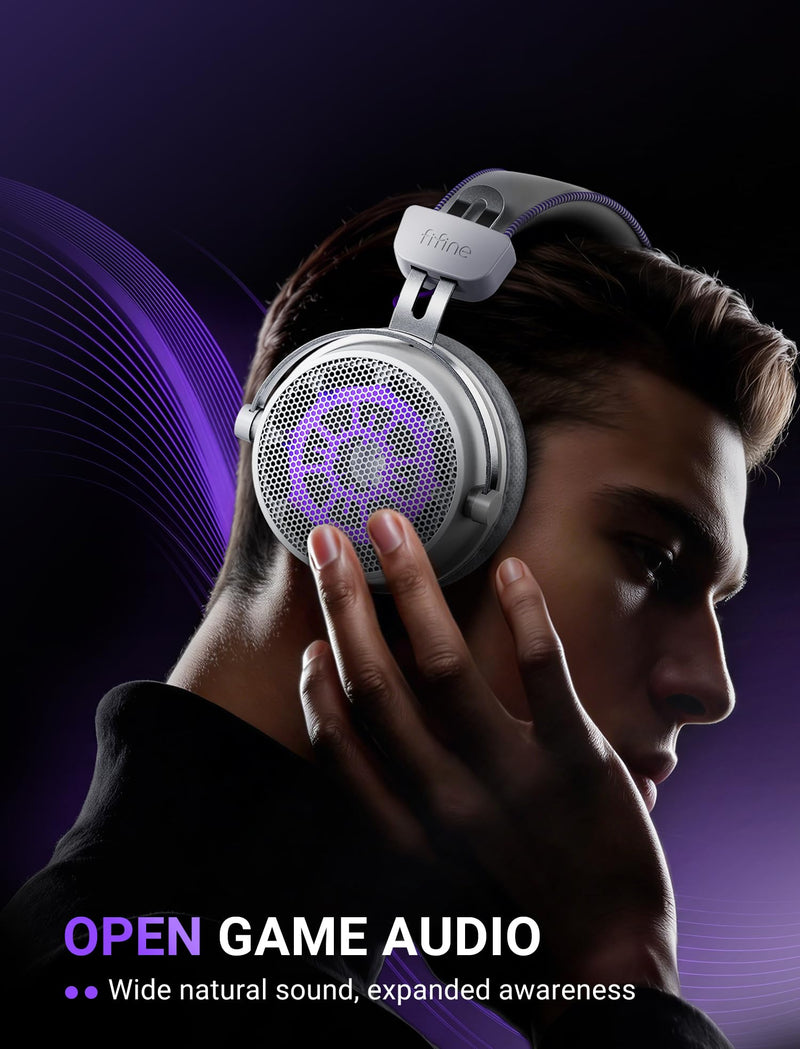 FIFINE H18V LiteWP Wired Open Back Gaming Headset, Expansive Soundstage | 53mm Drivers Bass, 3.5mm/USB Connectivity, Crisp 7.1 Surround, Active Noise Canceling Mic, Spacious Earcups, for PC/Xbox/PS5 White and purple