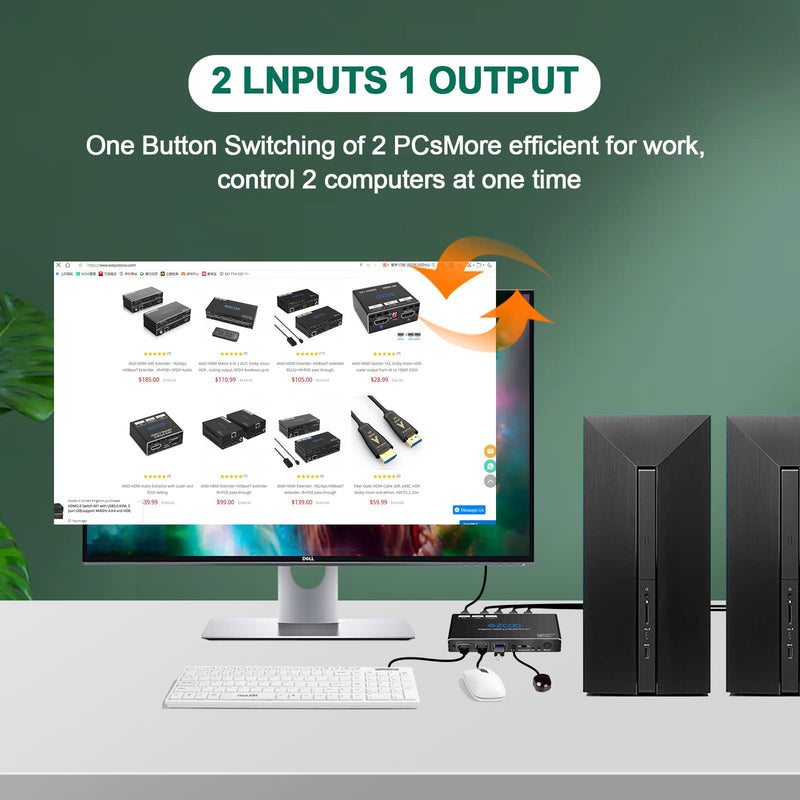 USB 3.0 KVM Switch HDMI 2 Computer 1 Monitor HotKey 4K60 4:4:4 HDR Atmos - 2 PCs Share Keyboard Mouse Printer Scanner Mac Windows,HDCP Pass,USB Selector