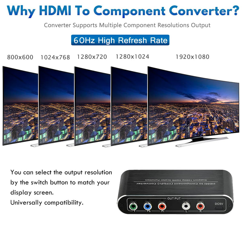 HDMI to Component Converter, HDMI to YPbPr 5RCA RGB Converter with Scaler Function up to 1080P@60Hz Supports Video Audio Converter Adapter for TV Stick, DVD, PS3, PS4 Etc Black