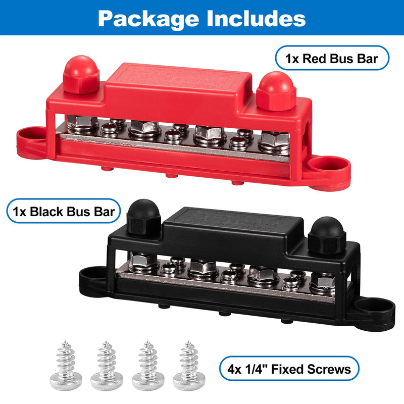 Spurtar 12V Bus Bar 12V Power Distribution Block 4X 5/16'' M8 Stud 6X #8 M4 Screws Bus Bar Terminal Block 12V 24V 48V 250A Battery Bus Bar for Car Truck RV ATV Boat Trailer Red Black Pair 4 x 5/16'' M8 - 6x #8 Screws