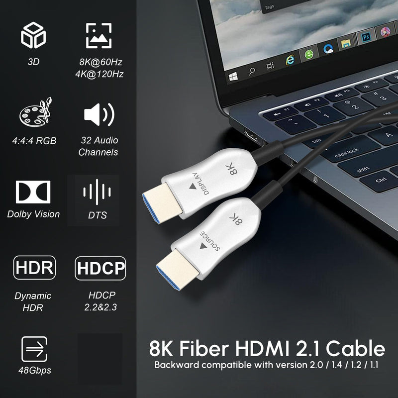 8K Fiber Optic HDMI 2.1 Cable 75ft, Long Active HDMI Cable, High Speed Fiber HDMI Cord, 48Gbps, 8K@60Hz 4K@120Hz, Dynamic HDR, Dolby, HDCP 2.2&2.3, 3D, for HDTV Monitor Game Laptop Home Theatre 75ft/22.5m