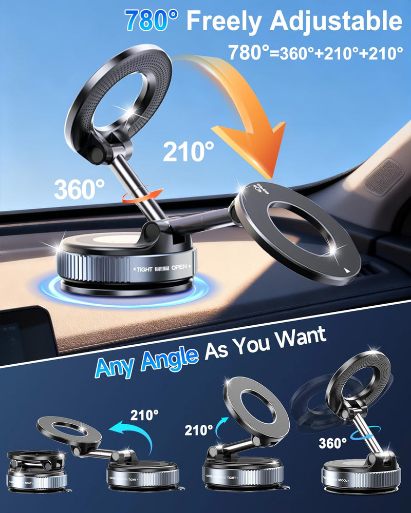 for MagSafe Car Mount, Vacuum Magnetic Car Phone Holder Stand for Your Car | [Reinforced 120LBS Ultra Suction Cup & 3000gf Magnet] 780° Cell Phone Mount Dashboard Car Holder Bracket for iPhone & Android Black 2