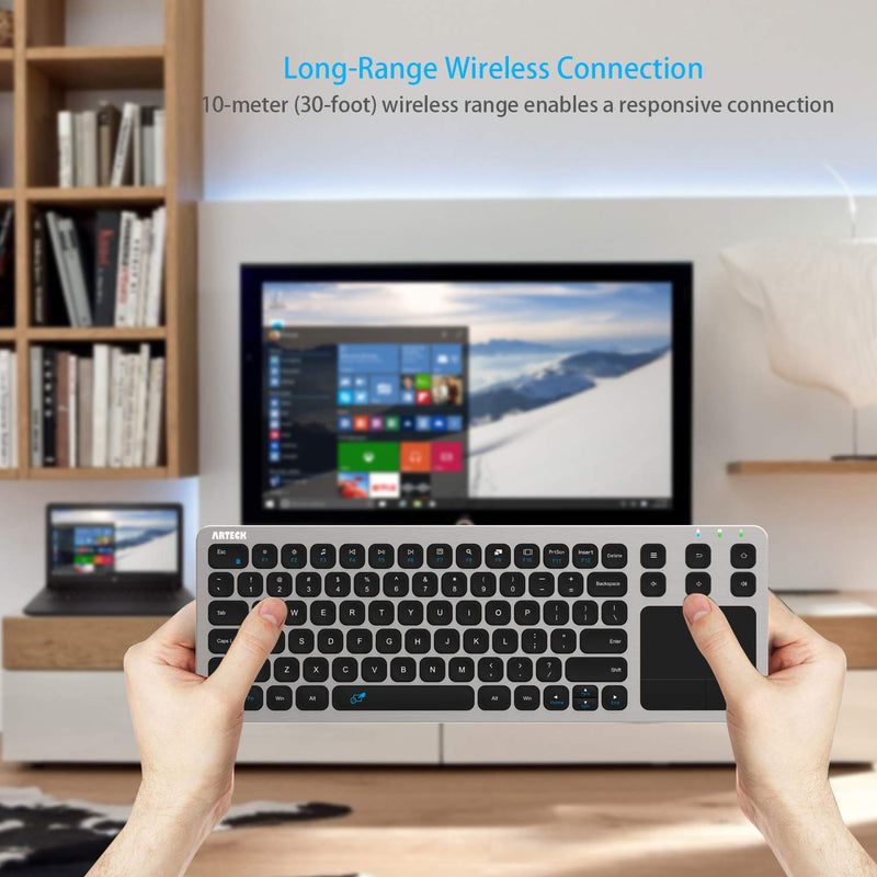 Wireless Keyboard, Arteck 2.4G Wireless Touch TV Keyboard with Easy Media Control and Built-In Touchpad Mouse Solid Stainless Ultra Compact Full Size Keyboard for TV-Connected Computer, Smart TV, HTPC