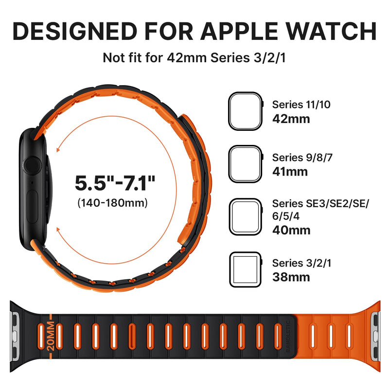 Bandletic Magnetic Reversible Bands Compatible with Apple Watch Band | Breathable Strong Magnet Strap Replacement for iWatch Straps 42mm(Series 11/10),41mm(9/8/7), 40mm(SE3/SE2/6/5/4),38mm(3/2/1) Black-Orange 38mm/40mm/41mm/42mm(Series 11 10)