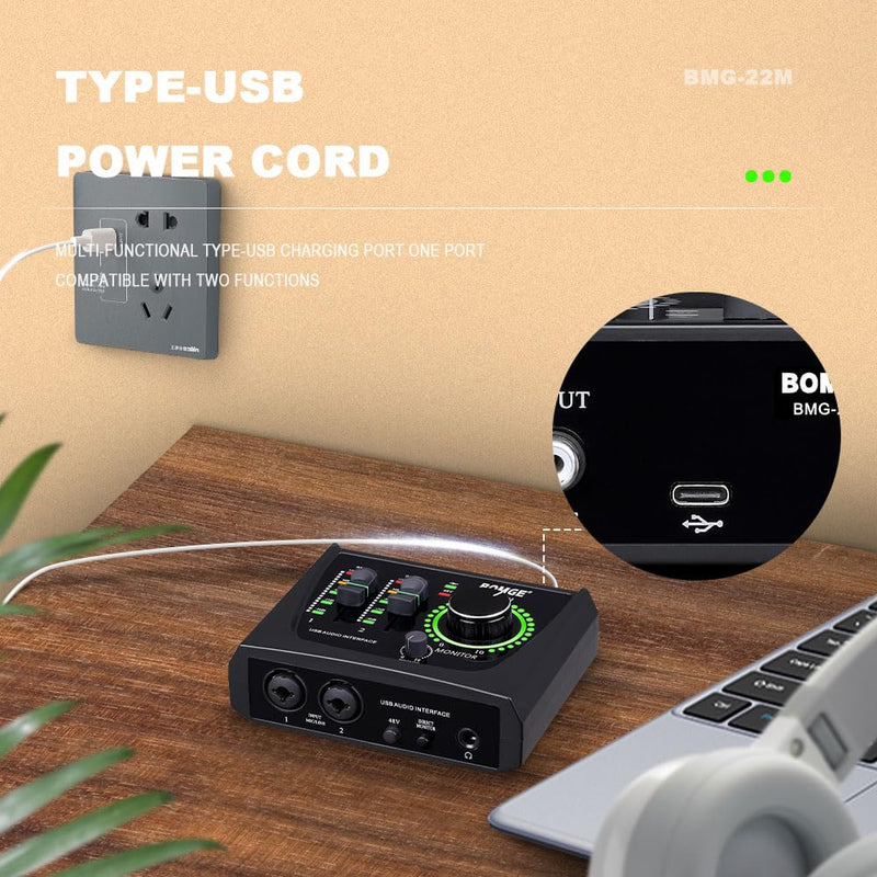BOMGE mini 2 Channel USB Audio Interface for Recording, Streaming and Podcasting, with XLR/48V Phantom Power,Studio Quality Audio Interface for Guitarist, Vocalist, Podcaster or Producer