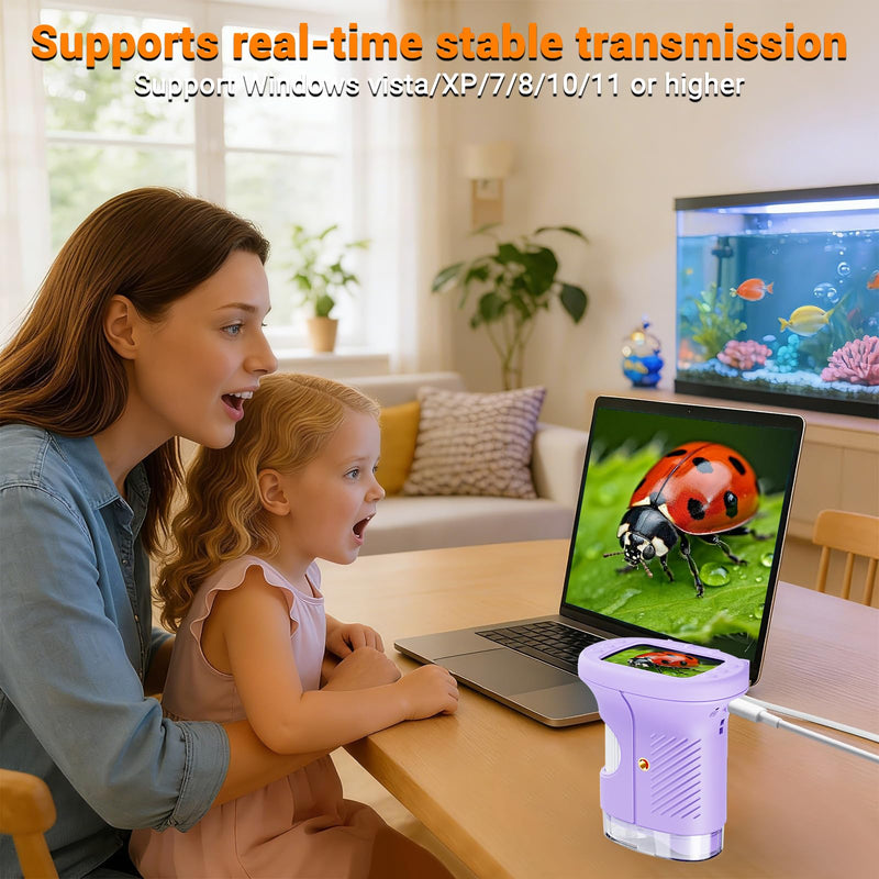 Pocket Kids Microscope, 1000X Handheld Microscope for Kids w/2.4'' Screen, Photo Video Mini Portable Microscopes Science Edu Digiscope, Christmas Birthday Gifts Ideas for Kids Ages 3-12 (Purple) Purple