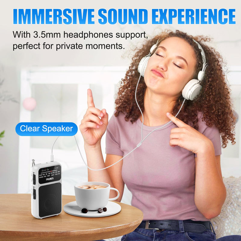 PRUNUS J-555 Pocket Radio AM FM USB-C Charging& Battery Operated, Excellent Reception& Clear Speaker and Headphone Jack, Back Clip, Flashlight, Transistor Radio, Portable Radio AM FM, Mini Radio White