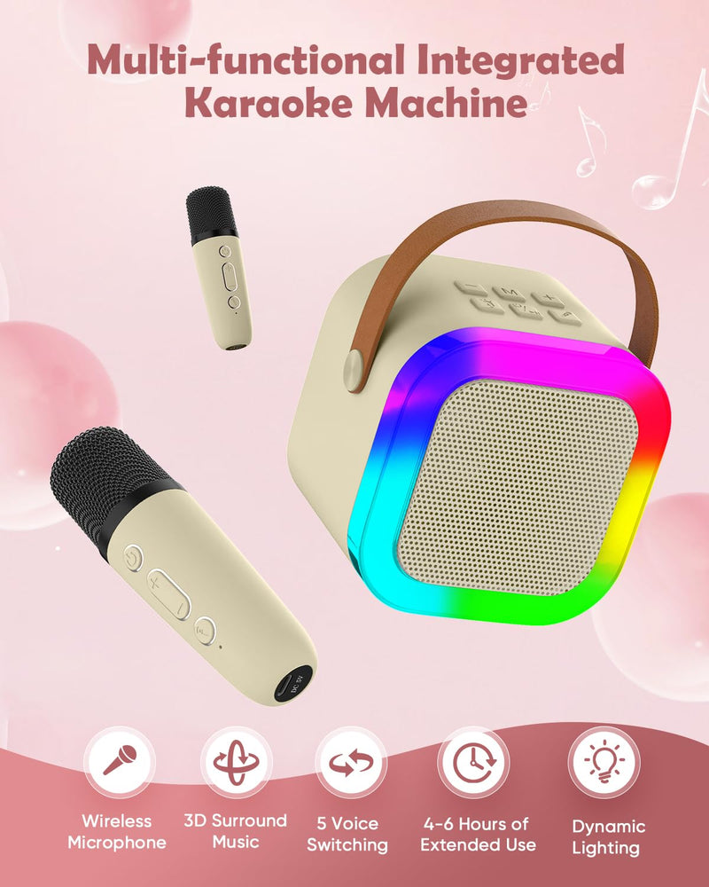 Mini Karaoke Machine Speaker for Kids, Toys for Girls Boys Friends Age 3-12+, Birthday Gifts Portable Bluetooth Speaker with Wireless Mics for 5 6 7 8 9 10 11 Years Teens Girl Boys, Beige Beige- 2-Mic