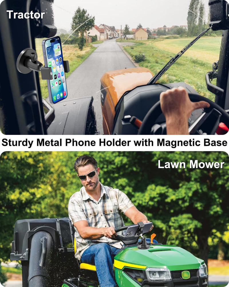 Magnetic Tractor Phone Holder, All Metal & Strong Magnet Base | 360° Heavy-Duty Phone Mount for Lawn Mower/ Construction Equipment/ Forklift/ Boat/ Gym for iPhone, Galaxy, All 4-7" Phones