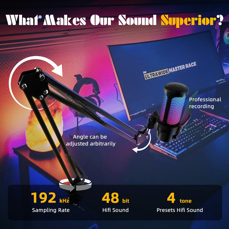 VCOM Gaming USB Microphone Kit,Condenser Dynamic Boom Arm Mic for Podcasting,Streaming, with Boom Arm Stand,Quick Mute,Pop Filter,RGB Indicator,Shock Mount,Rotate gain Button, Compatible with PS4/5/PC