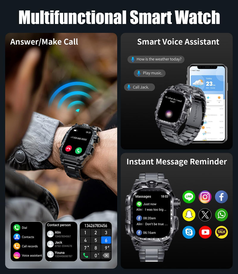 Men's Military Smart Watch (Answer/Make Calls) 2 Inch HD Screen Outdoor Sport Smartwatch with LED Flashlight 700mAh Battery,Heart Rate/Sleep Monitor Fitness,Green (Gray) Gray