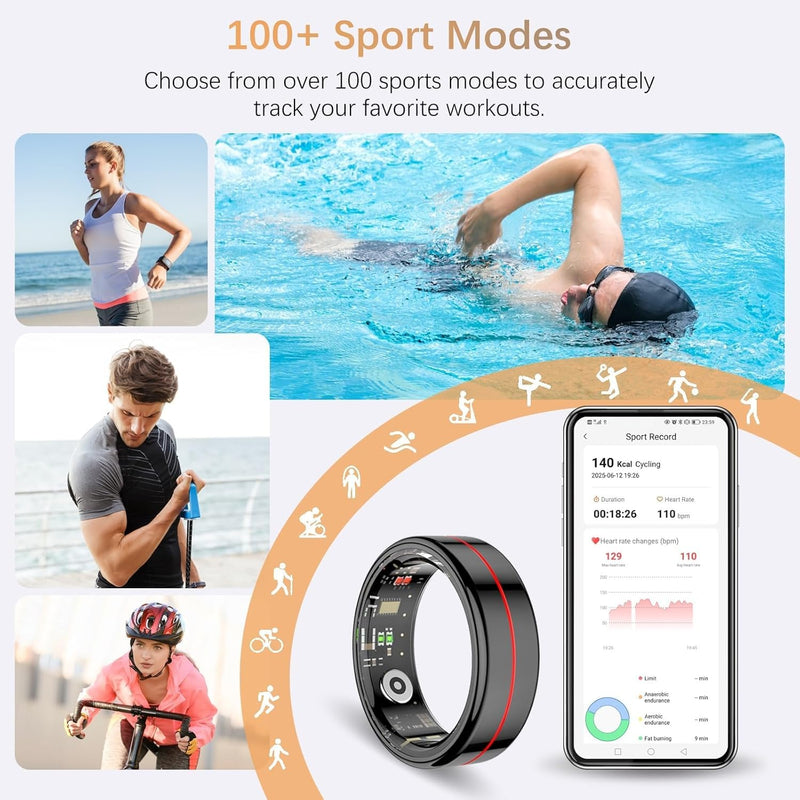 Fit Ring for Women Men, Health Tracker with Heart Rate, Blood Oxygen, Heart Rate Variability, Stress, Sleep Monitor, Step Counter, Smart Ring for iPhone & Android, No Subscription Fee (Black, 13#)