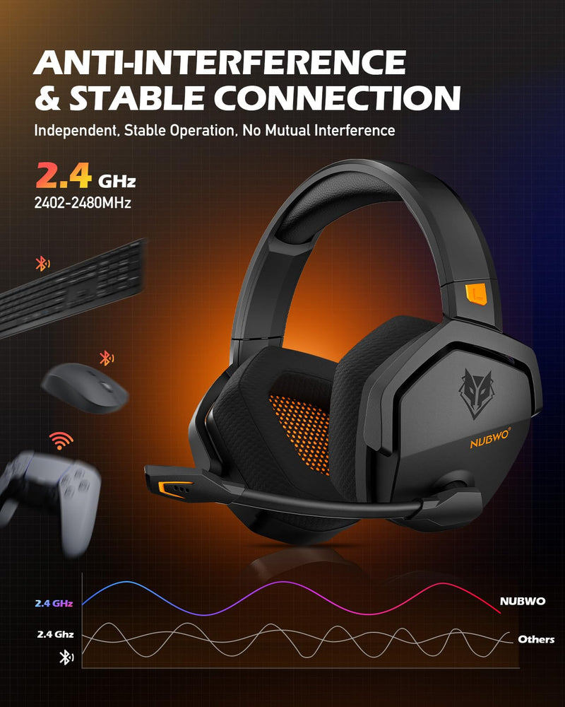 [AUSTRALIA] - NUBWO Wireless Gaming Headset with Mic for Ps5 Ps4 PC, Zero Interference, 100-Hour Battery All-Day Play, 23ms Sync for Fortnite & Call of Duty/FPS Gamers, Triple Mode All Devices Compatible - Orange 