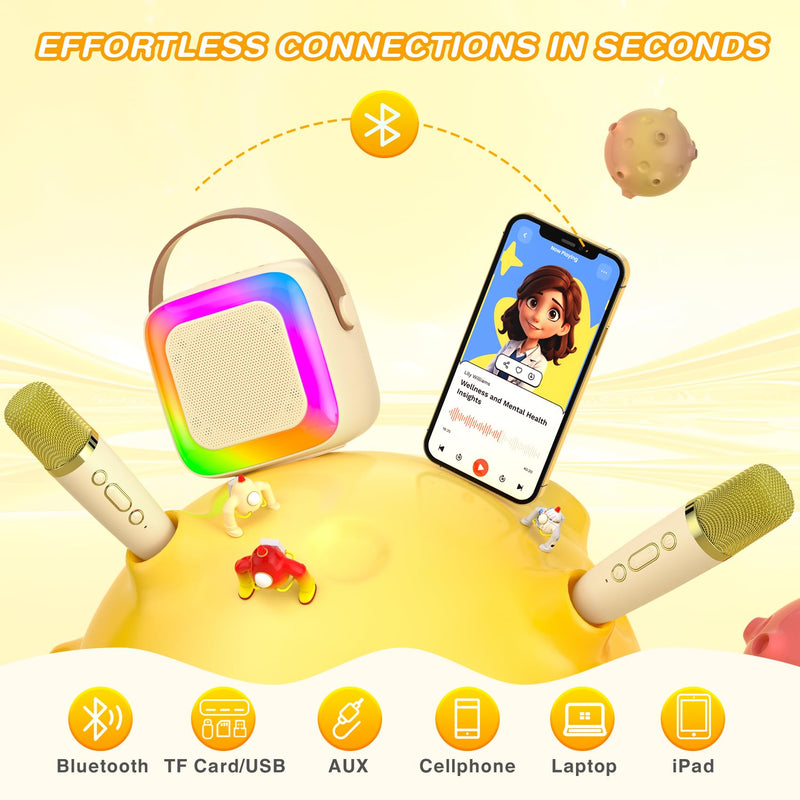 Mini Karaoke Machine for Kids Adults,Portable Bluetooth Karaoke Speaker with 2 Wireless Microphone and LED Lights,Toys for Party,Home KTV,Birthday for Girls 4, 5, 6, 7, 8,12+ Toddler Teens(Beige) Beige