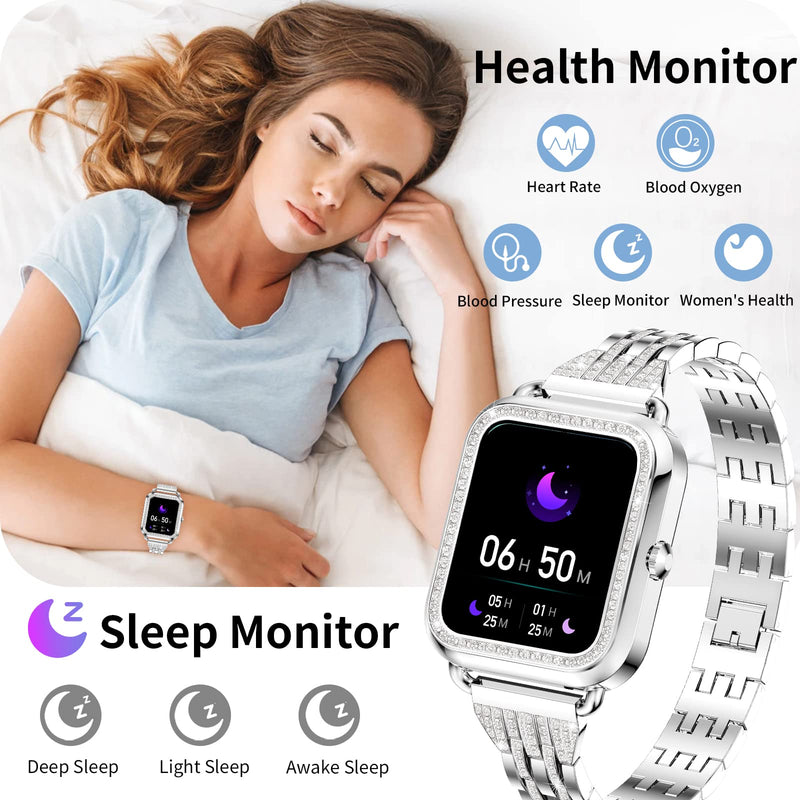 Efolen Smart Watches for Women with Diamonds (Answer/Make Call), 1.57'' Bluetooth Smartwatch for Android iOS Phones, Waterproof Fitness Tracker with Heart Rate/SpO2/Sleep/BP/AI Voice (Silver) Silver