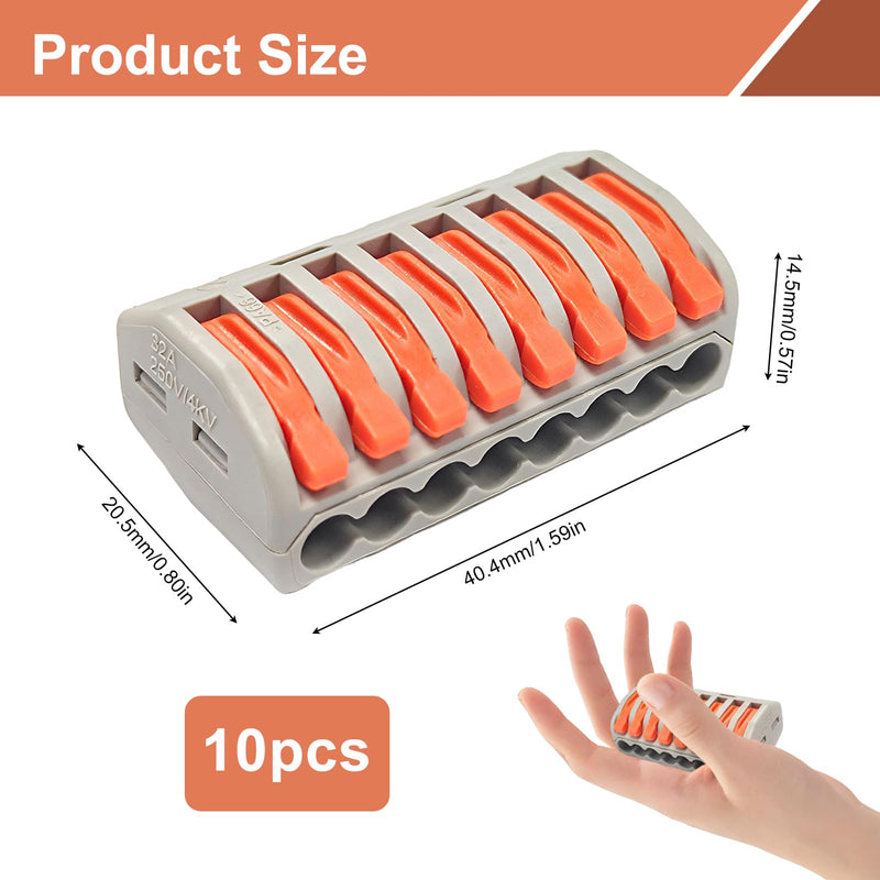 Pack of 10 Cable Connectors with Lever, 8-Pin Lustre Terminals, 250V/32A Connection Terminals, Electrical Cable Clamps for Safe Power Connections