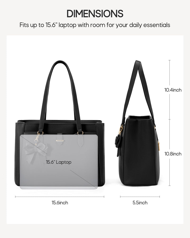 RAINSMORE 15.6" Laptop Tote Bag for Women, Black | Large Capacity Work Bag, Water-Resistant Soft PU Leather, 15.6 Inch Computer Briefcase Handbag for Office College Teacher