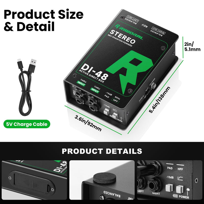 Direct Box with Dual 1/4” High-Impedance Stereo Inputs Di Boxes Support For Guitar/Bass Instruments Premium Direct Injection Active Di Box For Thru & XLR Outputs