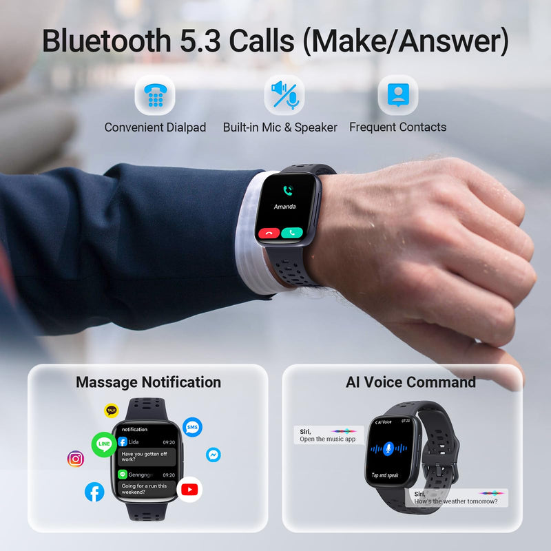 Smart Watches for Men (2 Bands), [1.85" AMOLED Screen] Fitness Tracker | Compatible with Android/iPhone, 3ATM Waterproof, Bluetooth Calls, AI Control, Heart Rate/SpO2/Sleep Monitor, 7 Days Battery Black