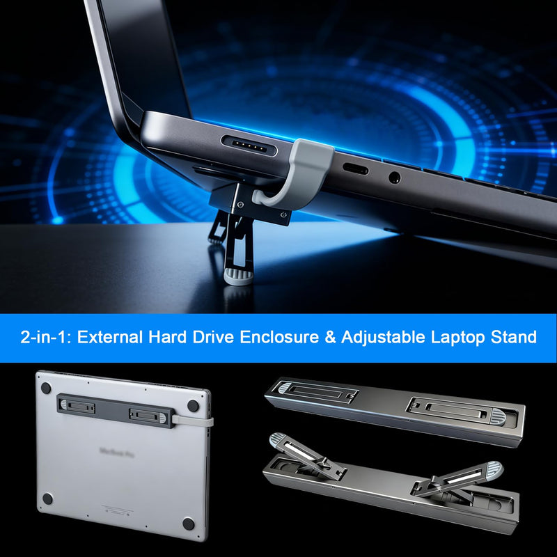 M.2 SSD External Portable Enclosure, USB 3.2 Gen2 NVMe SATA Dual Protocol Storage Box, Compact 2-in-1 Aluminum Enclosure with Laptop Stand for MacBook (For 14 & 15 Inch Laptops) For 14-Inch & 15-Inch Laptops