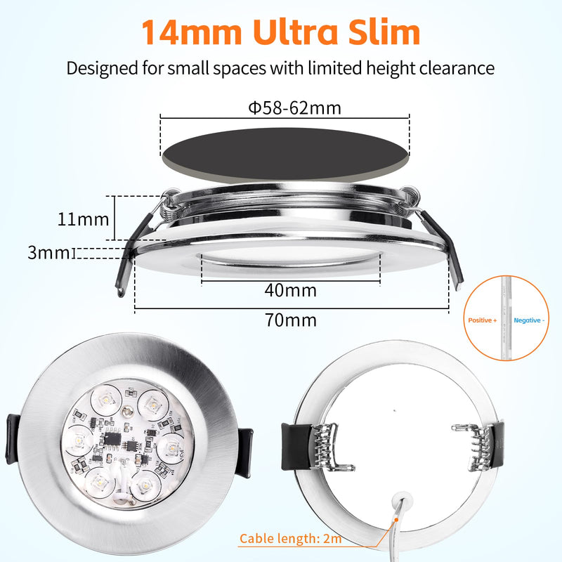 [AUSTRALIA] - YindaLux LED Recessed Spotlight 12 V Touch Control Warm White Neutral White Cool White LED Spot Dimmable 3 W IP44 Recessed Spotlights 60 mm Hole Size Recessed Lights for Caravan Kitchen Aluminium Chrome 