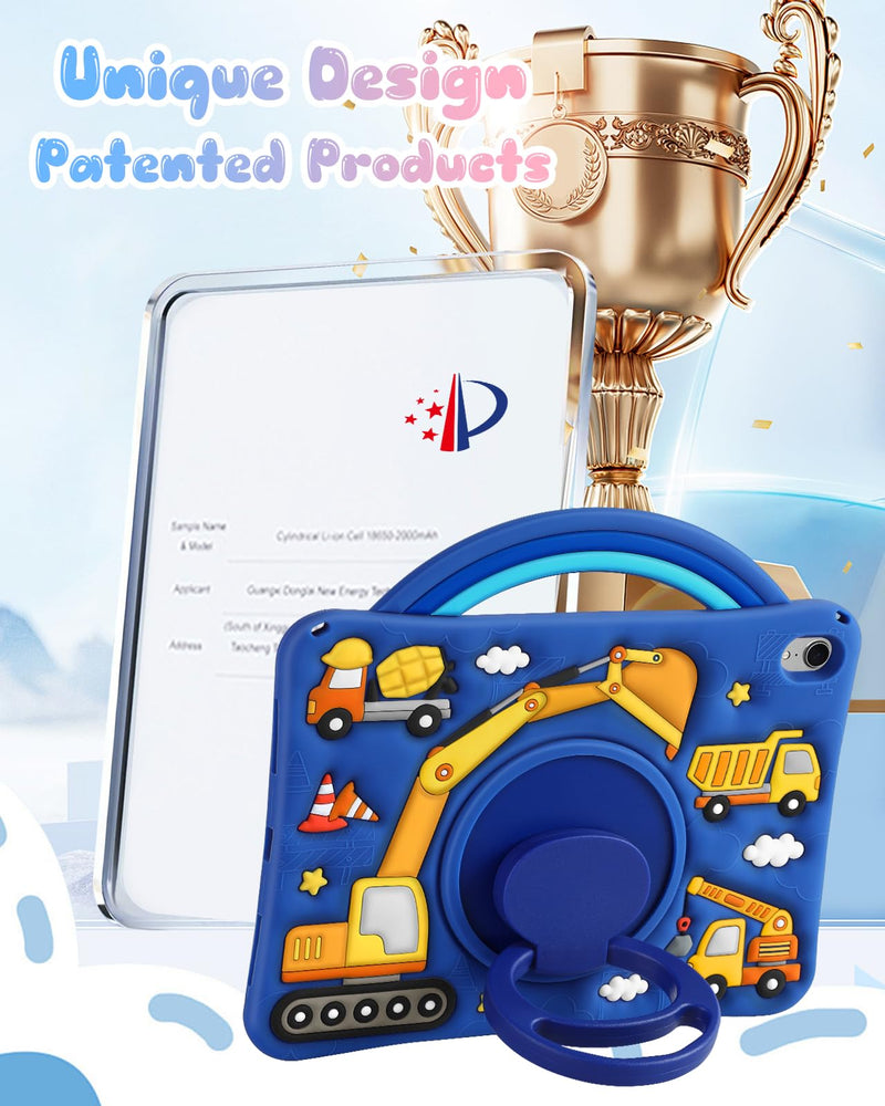Wazzasoft for iPad A16 Case 2025 11 inch/for iPad 10th Generation Case 2022 10.9" - Cute 3D Silicone Cover with Adjustable Shoulder Strap, Rotating Stand & Handle for Kids Boys, Construction Truck