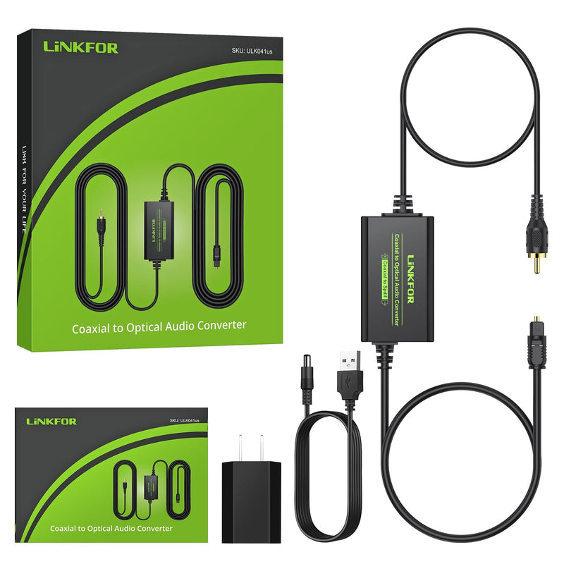 LiNKFOR 192kHz Coaxial to Optical Converter 6.6FT Coaxial to Optical SPDIF Toslink Converter with Built-in 3.3FT Toslink and 3.3FT Coaxial Cable for Older TV DVD Soundbar Amplifier Coaxial to SPDIF