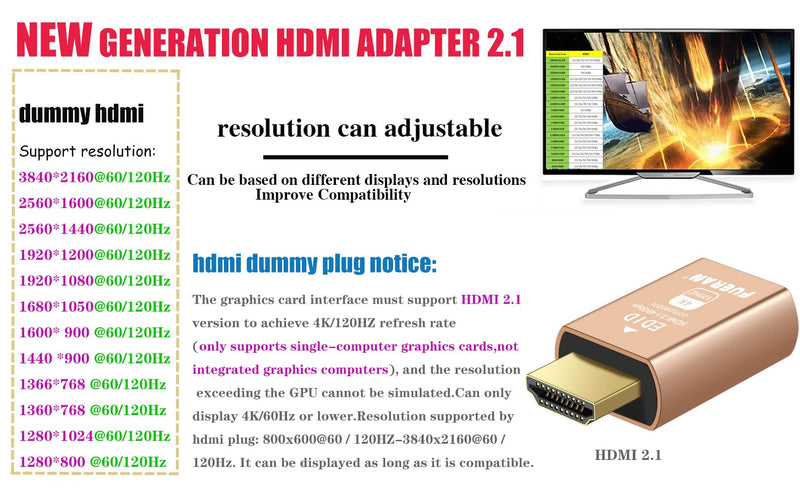 2.1 hdmi dummy plug,hdmi dummy 4K 120Hz Virtual Display Emulator,headless Ghost Display Adapter Support 3840x2160@120HZ,1440@120HZ,1080P@120HZ-dummy hdmi,edid emulator (HDMI2.1-4K-1P) HDMI2.1-4K-1P