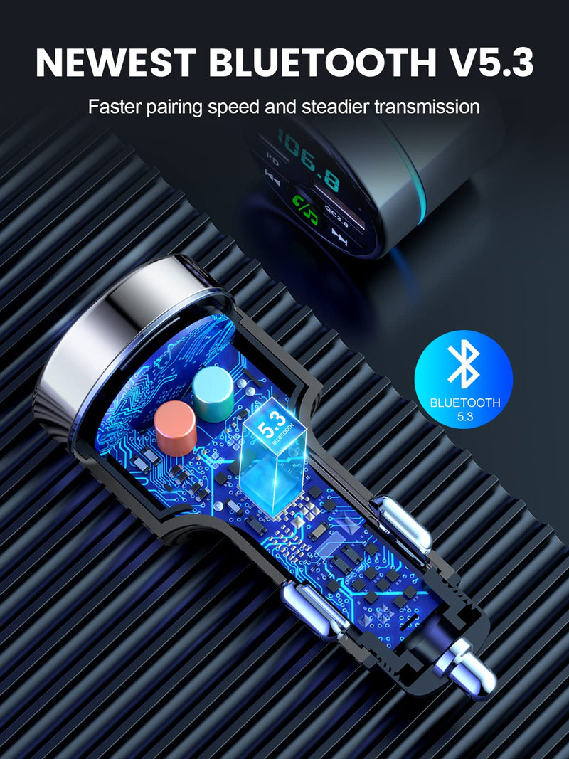 FM Transmitter for Car Bluetooth 5.3, All-Metal PD 20W & QC3.0 18W Fast Charger, Wireless FM Radio Car Kit Bluetooth Adapter, Noise Cancelling Hands-Free Call, Hi-Fi Music, Ring Light