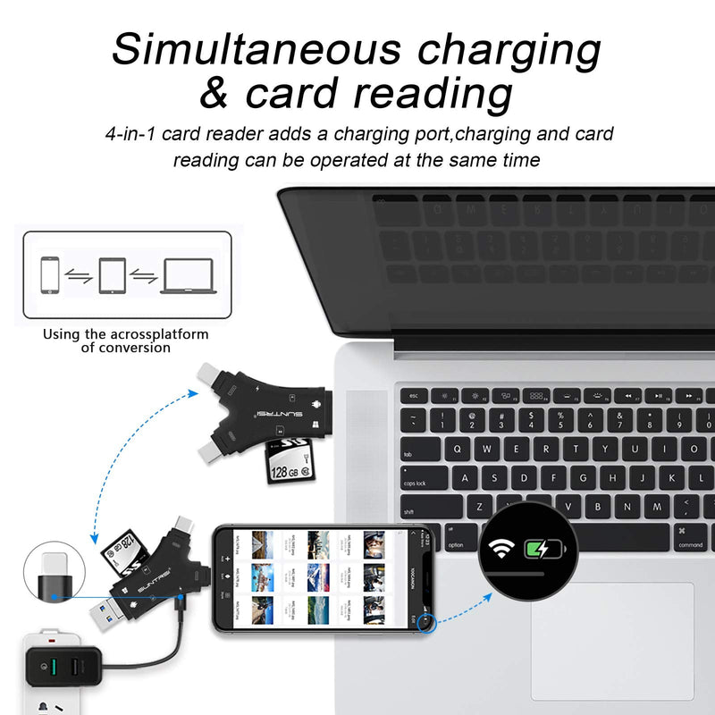 SD Card Reader for iPhone / ipad / Android / Mac / Computer / Camera,4 in1 Micro SD Card Reader Trail Camera Viewer, Portable Memory Card Reader SD Card Adapter Compatible with SD and TF Cards(Black) black