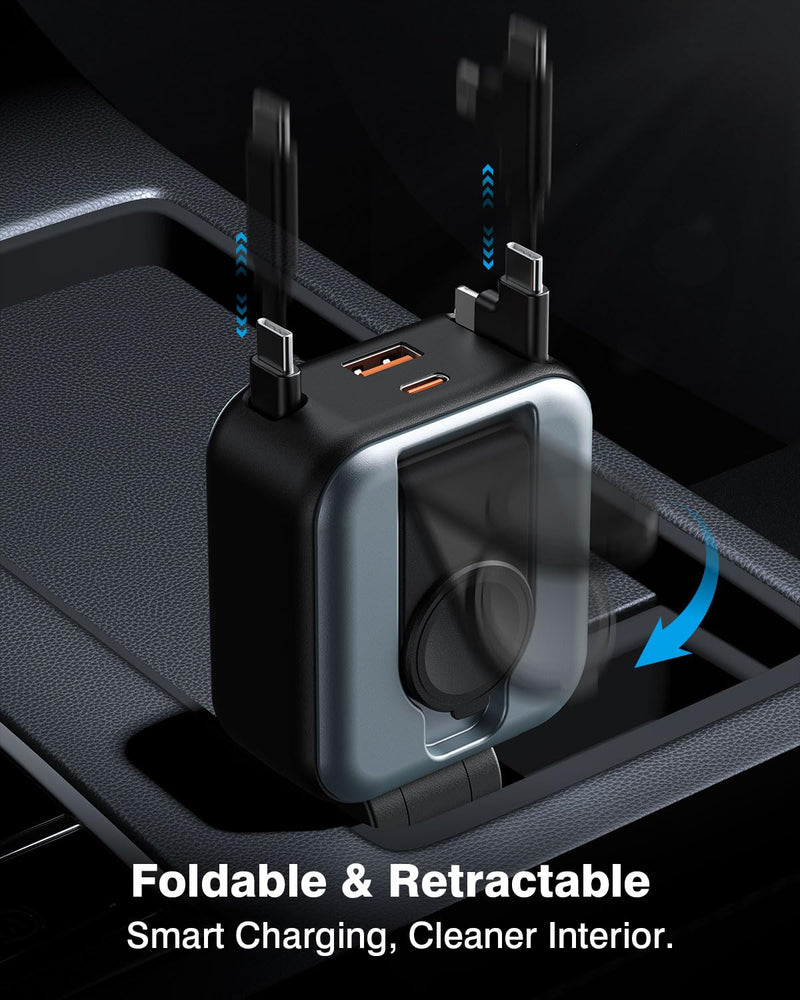 6 in 1 Retractable Car Charger, 100W USB C + USB A Fast Charging for iPhone 17/16/15/14/13/12/11, iWatch, Android, Travel Essentials Car Accessories, Gift for Men & Women Grey