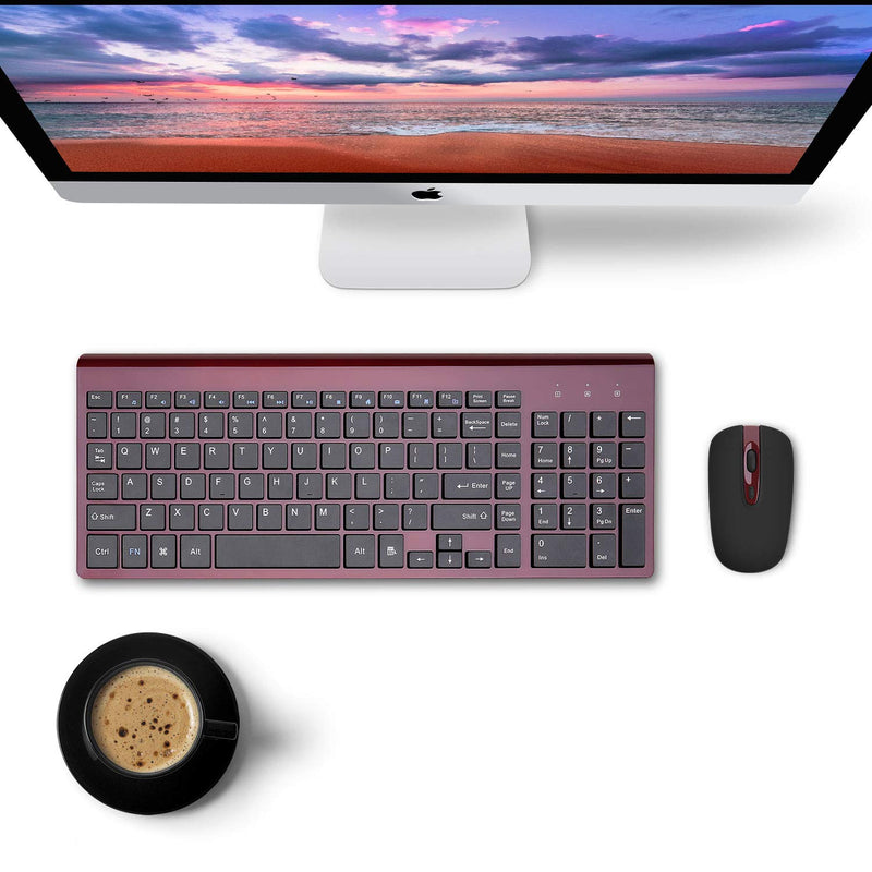 Wireless Keyboard Mouse Combo, cimetech Compact Full Size Wireless Keyboard and Mouse Set 2.4G Ultra-Thin Sleek Design for Windows, Computer, Desktop, PC, Notebook - (Wine red) Wine Red